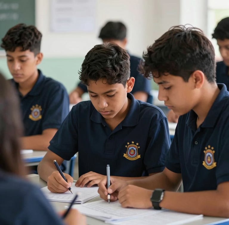 Medium shot of Colombian high school students in navy uniforms collaborating on a project in a bright classroom, natural daylight, focus on their school emblem