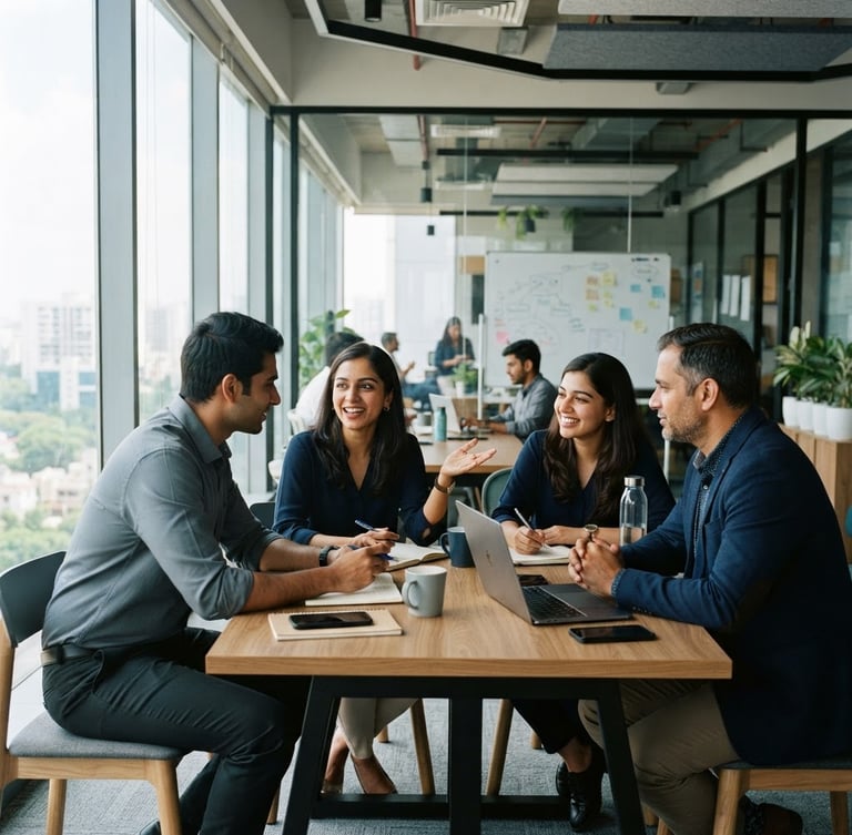 A professional collaborative discussion in a modern Bengaluru office, bright natural light, clean slate and navy tones, sharp focus, 35mm