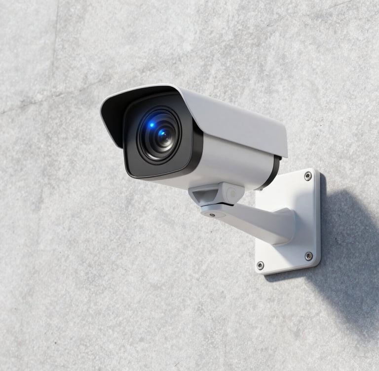 A high-definition security camera neatly mounted on a clean concrete wall, crisp cool daylight, sharp blue accent light visible on the sensor, 35mm lens.