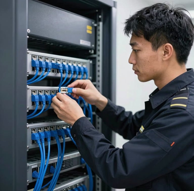 Professional security technician in a clean dark uniform neatly organizing blue ethernet cables inside a metal rack enclosure, crisp cool lighting.