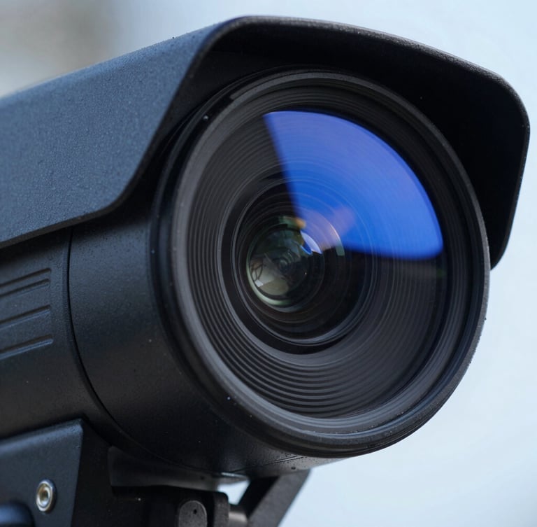 Close-up of a high-definition security camera lens with an electric blue status light reflecting on clean black casing, sharp focus, technical style.