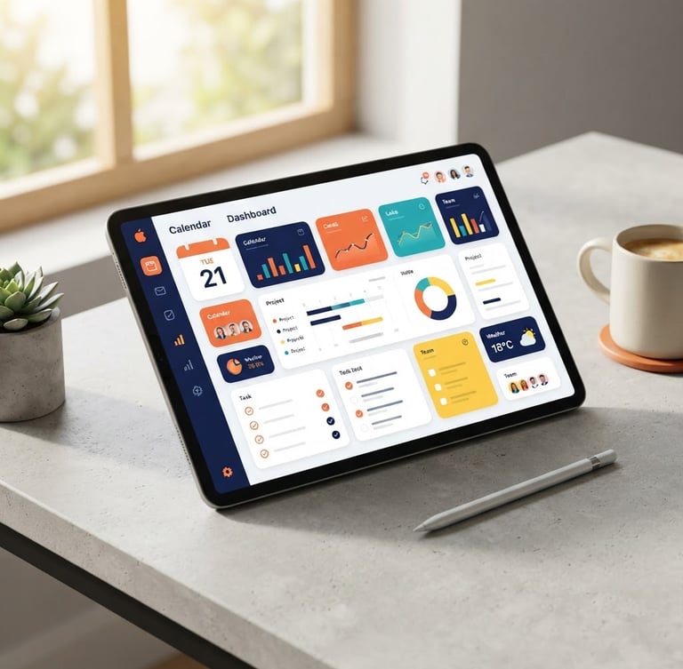 Bright editorial product photography of a modern tablet displaying a clean, colorful productivity layout on a light gray desk, crisp morning window light, warm orange accents, high-fidelity mockup.