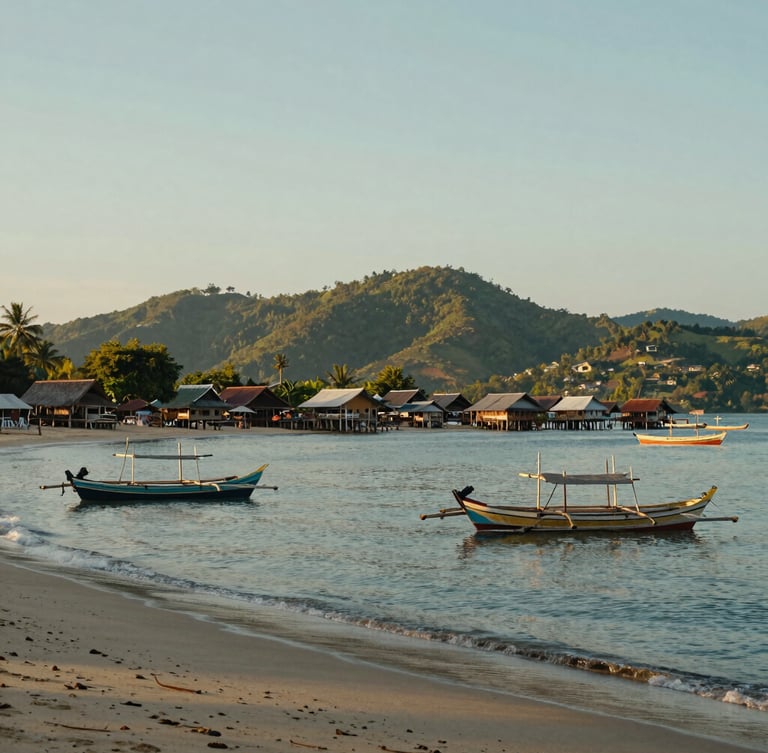 Cinematic wide shot of a traditional Indonesian coastal village at golden hour, calm sea, wooden boats on the sand, lush green hills in the background, generous negative space on top.