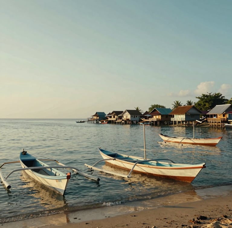 Cinematic wide shot of an Indonesian coastal village at golden hour, calm sea, traditional wooden boats on the shore, warm natural sunlight.