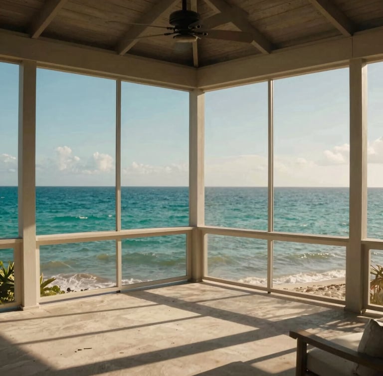 Bright wide-angle shot of a private screened lanai overlooking the turquoise waters of the Gulf of Mexico, warm afternoon sunlight, soft shadows