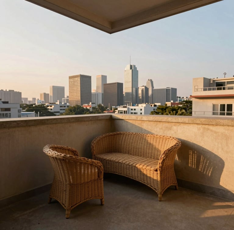 Medium-wide environmental shot of a narrow concrete balcony overlooking the city skyline at golden hour, a compact wicker conversation set placed perfectly in the tight corner, warm low-angle shadows.