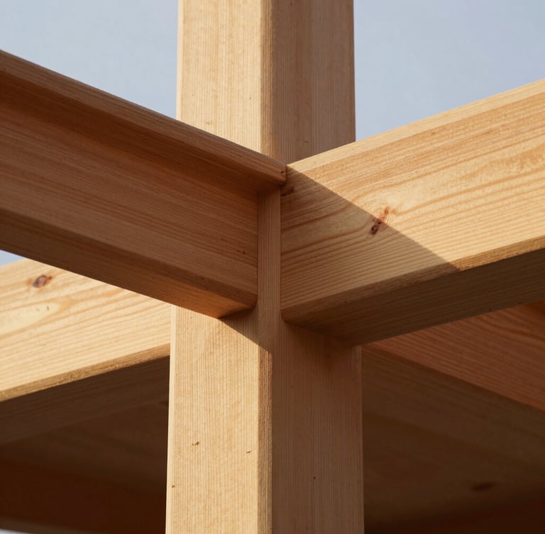Warm editorial photography, close-up of a tactile cedar timber join under low-angle golden hour sunlight, sharp architectural shadows, medium format.