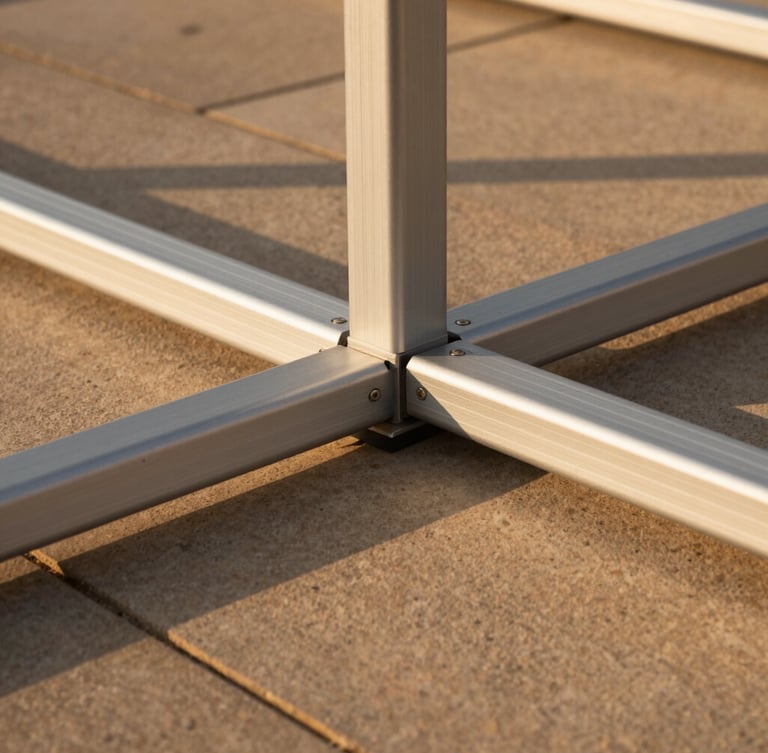 Warm golden-hour light hitting a close-up of marine-grade aluminum frame joins, soft geometric shadows cast on a sand-colored stone deck, medium format.