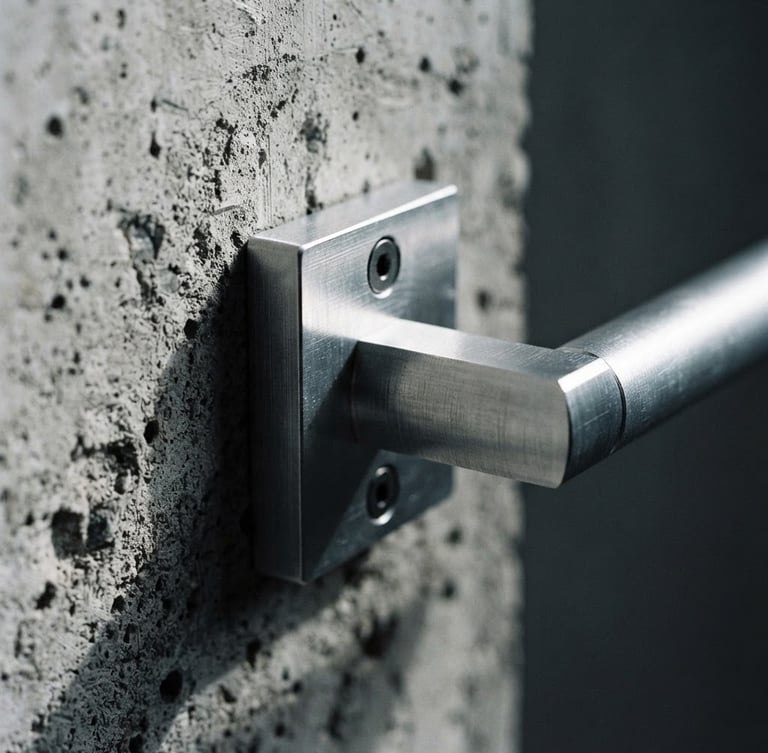 Extreme close-up of a solid-milled aluminum door handle mounted on raw concrete, dramatic side-lighting, sharp metallic grain, high-contrast shadows, macro lens, 35mm