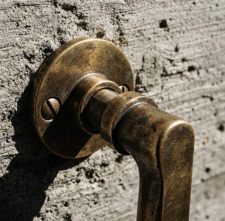 Extreme macro close-up of a solid-milled unlacquered brass door handle mounted on raw board-formed concrete, dramatic architectural side-light, sharp metallic grain