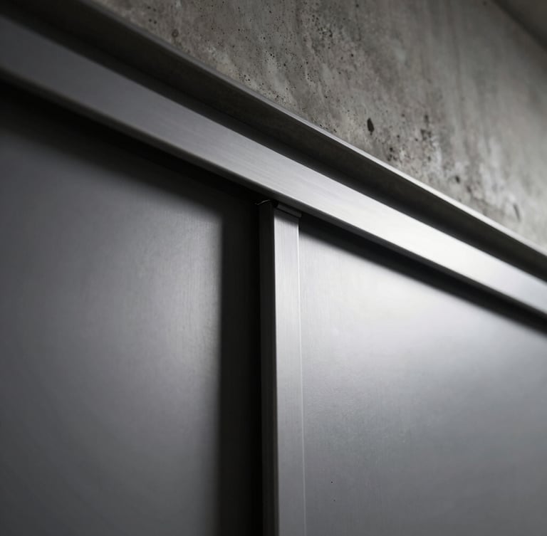Tight architectural crop of a minimalist sliding door track installed in a raw concrete ceiling, hand sliding the heavy metal panel smoothly, deep shadows