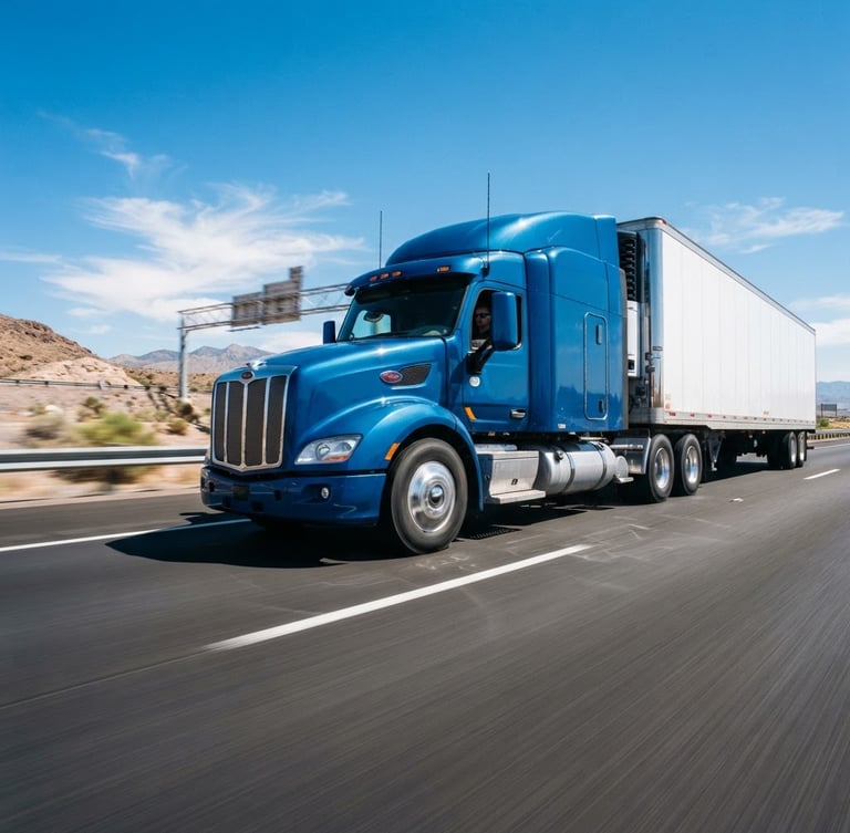 Dynamic low-angle tracking shot of a modern commercial semi-truck in motion on a clean, open American highway under crisp midday sunlight and a clear blue sky, 35mm lens