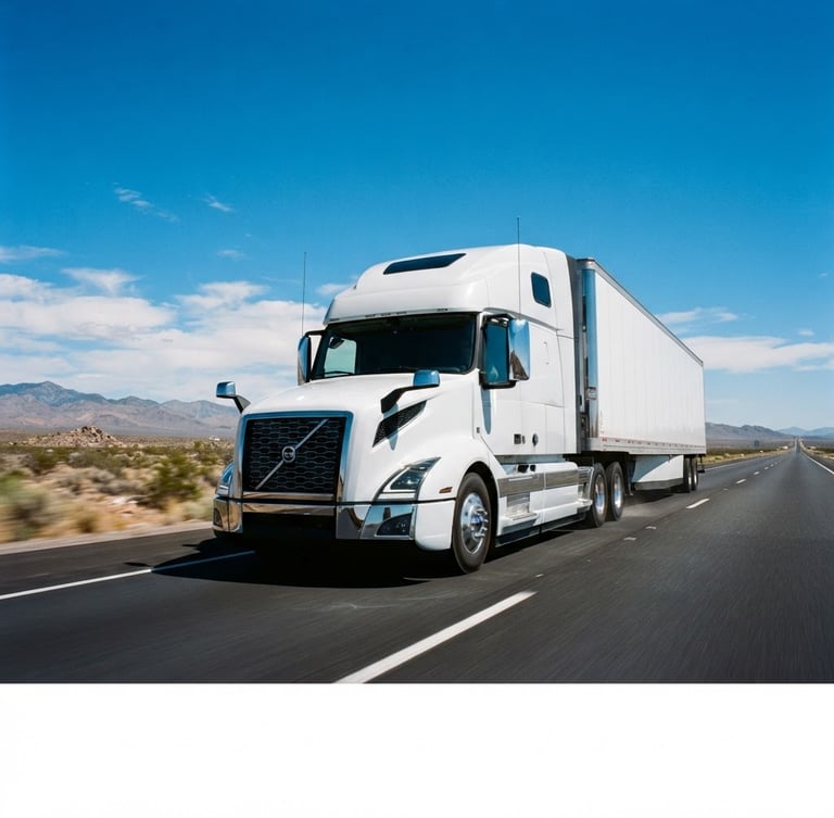 A clean modern commercial semi-truck driving on an open desert highway under bright midday sunlight and a vivid blue sky, dynamic low-angle tracking shot, 35mm lens.