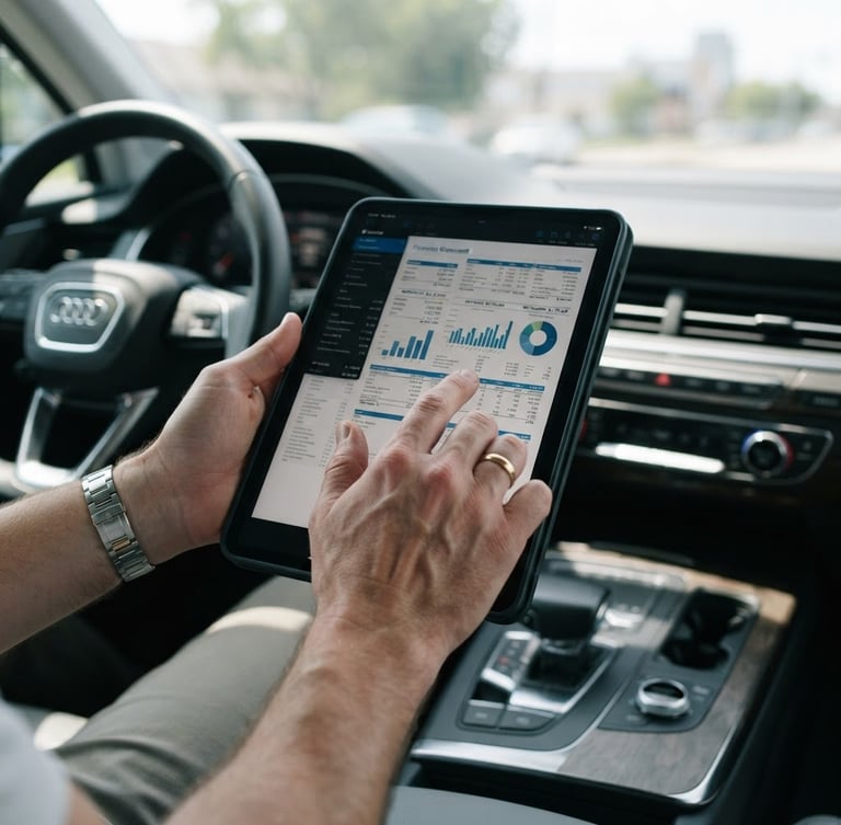 A person's hands reviewing a financial document on a modern tablet, car dashboard visible in the background, bright natural daylight, cool slate and warm orange tones, sharp focus, 35mm