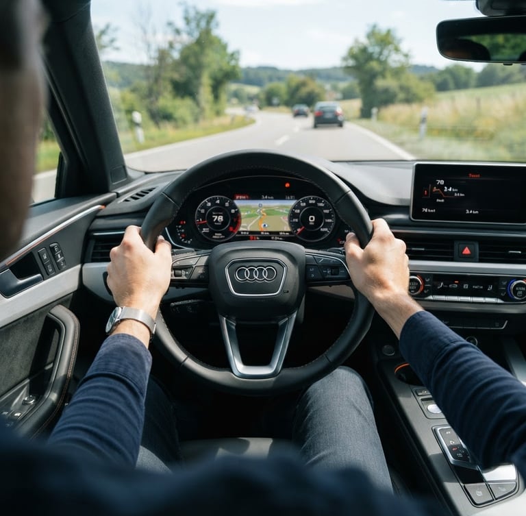 Driver's perspective, hands on a modern car steering wheel, dashboard visible, bright natural daylight, clean editorial photography, slate and orange tones, sharp focus.