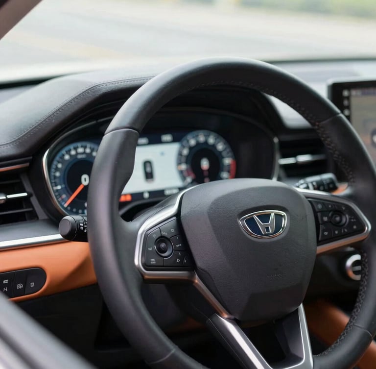 A clean close-up of a modern car dashboard, soft daylight illuminating the digital instrument cluster and steering wheel, sharp focus, 35mm