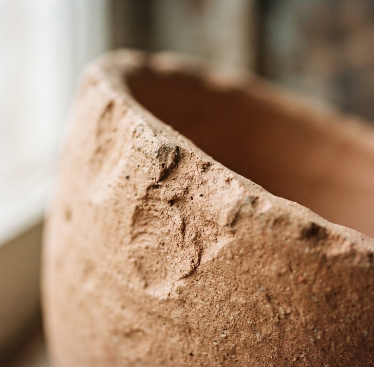 A tight macro shot of raw, unglazed terracotta clay edges, showing organic thumbprint texture under soft morning window light, shallow depth of field, 35mm