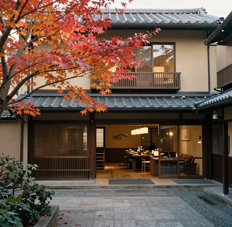 A warm boutique hotel courtyard in Kyoto, soft morning light filtering through maple leaves, rich saturated tones, 35mm film, editorial travel photography.