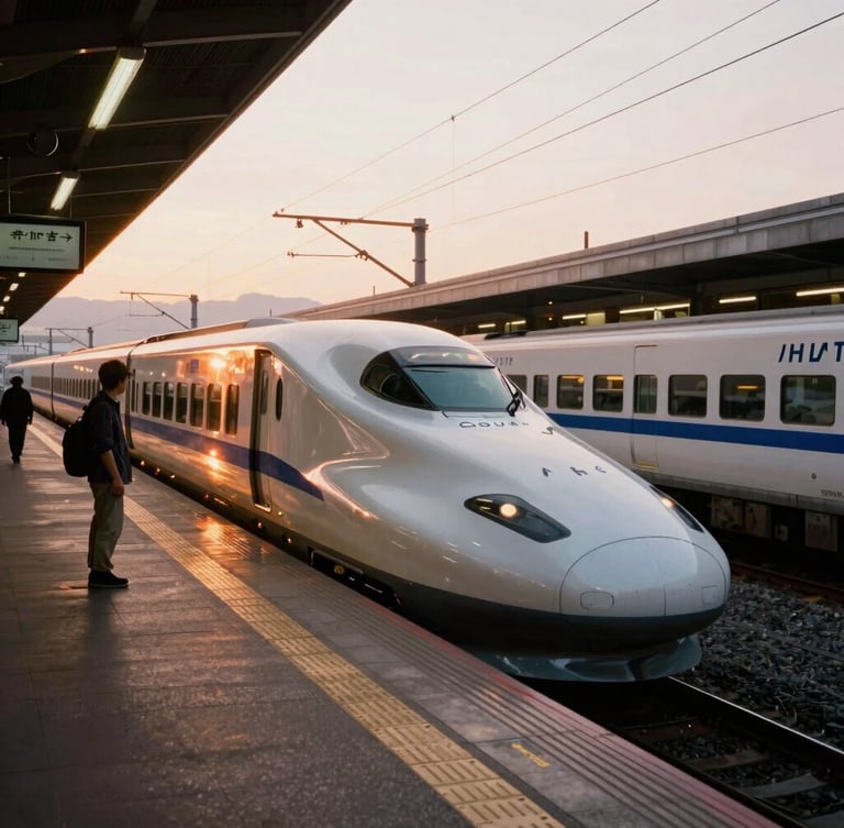 Wide panoramic shot of a lone traveler boarding a sleek shinkansen train at dawn, soft morning light reflecting off the platform, cinematic 35mm film style.