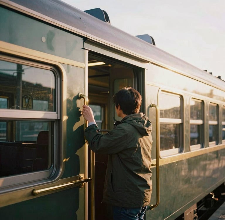 A close-up portrait of a traveler boarding a vintage train in Kyoto, soft morning light reflecting on the brass handrails, warm editorial travel photography, 35mm film style