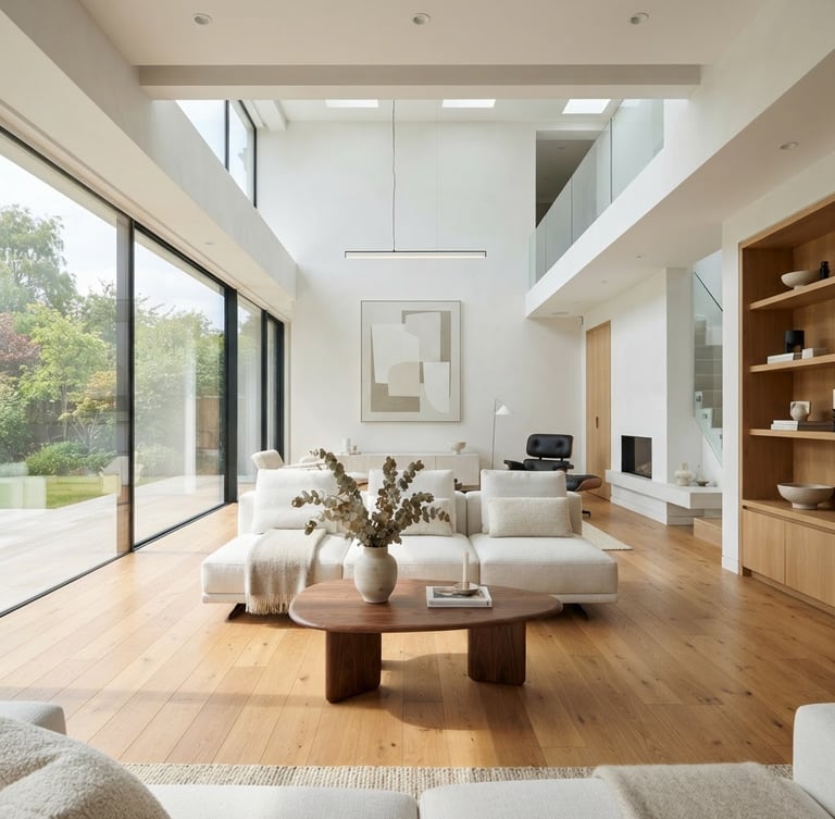Bright architectural interior photography of a modern, sunlit living room with high ceilings, clean lines, warm wooden flooring, and minimalist furniture, daytime.