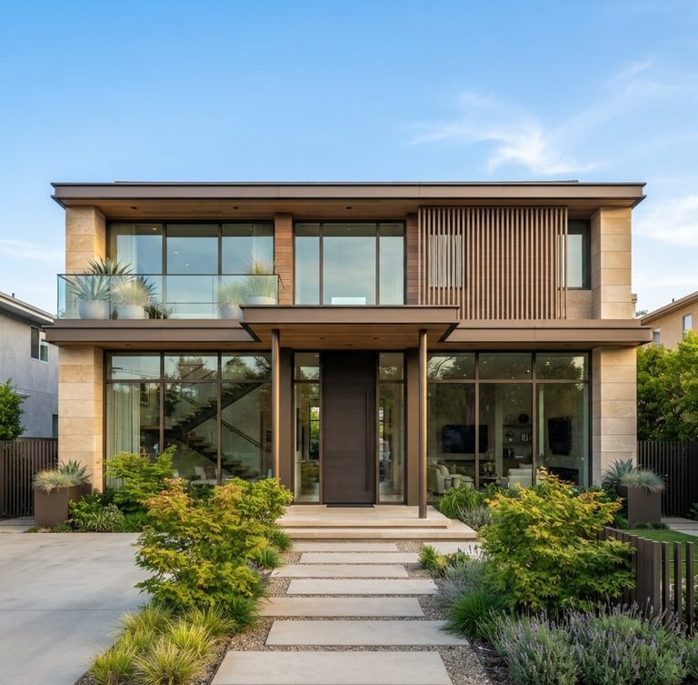 Bright architectural photography of a modern luxury residential facade, straight perspective, warm daylight, clean lines.