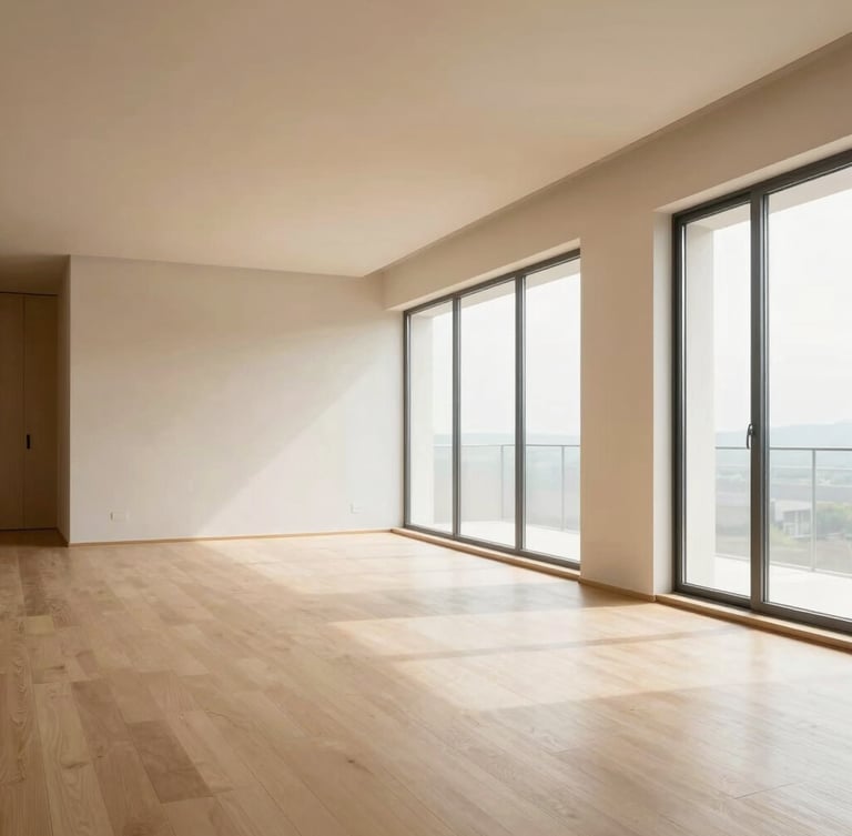 Bright interior of a modern living room with warm sand tones, clean architectural lines, large window with soft daylight filtering through, professional perspective.