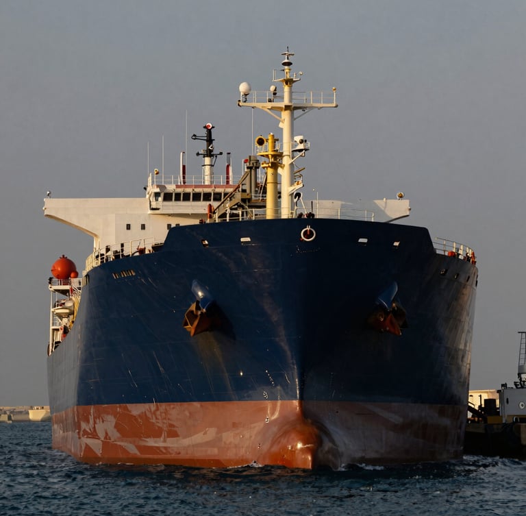 Dramatic low-angle view of a massive oil tanker hull at golden hour in the UAE port, deep navy water, sharp industrial focus.