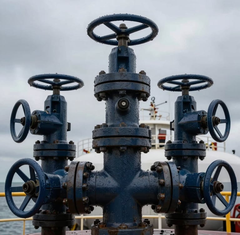 Extreme close-up of heavy steel tanker manifold connections and valves, dramatic overcast daylight, industrial maritime hardware, 35mm lens, sharp focus