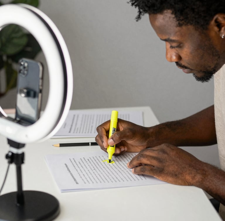 Person using a yellow highlighter on a document under a ring light for content creation.
