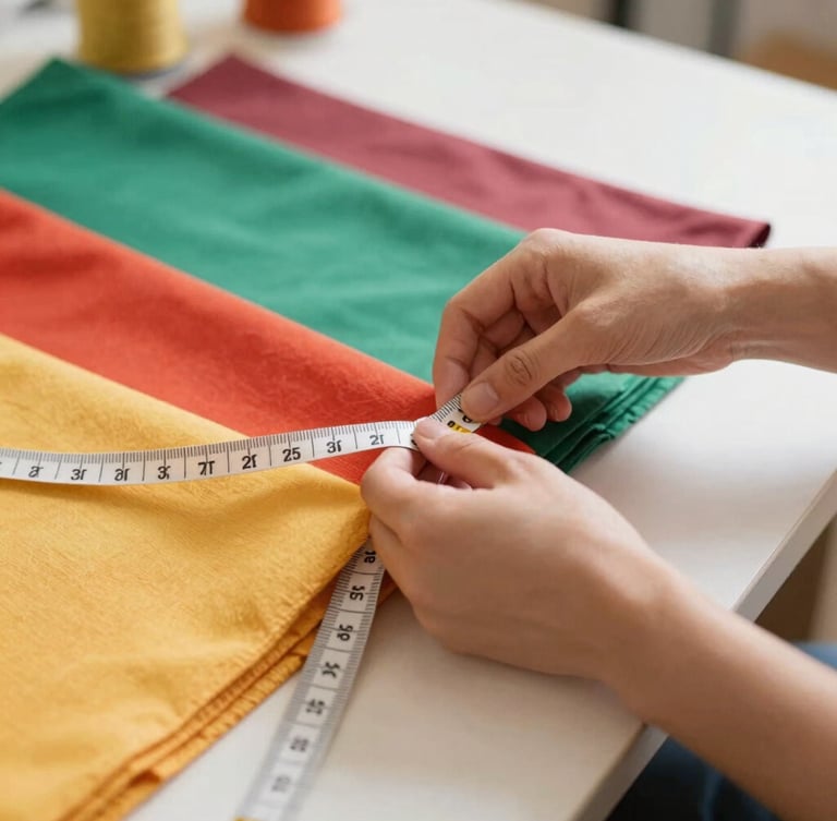 Hands of an artisan measuring soft colorful fabrics with a tape measure in a bright workshop, warm natural daylight, eye-level angle, 35mm