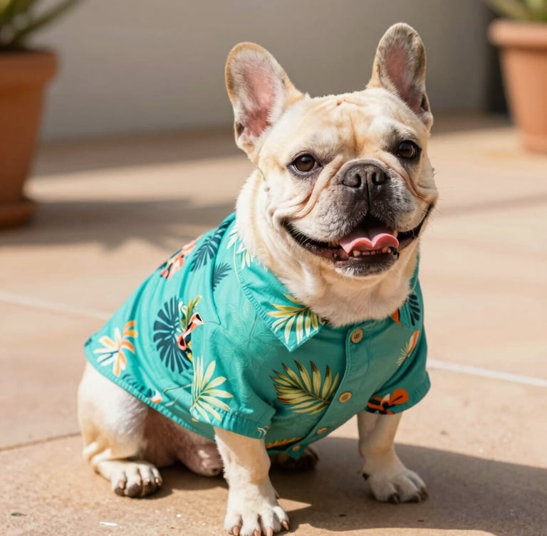 A happy French Bulldog wearing a vibrant teal tropical print shirt, sitting comfortably on a sunny patio, warm cheerful pet photography, 35mm