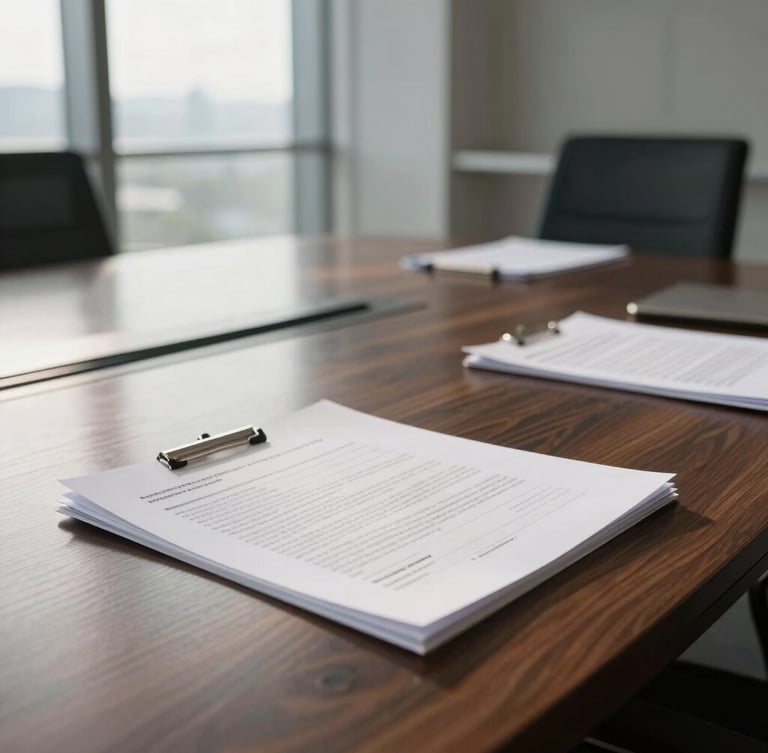 Close-up of a modern corporate boardroom table made of dark oak, reflecting soft morning light from high floor-to-ceiling windows, professional executive documents resting neatly on the surface.