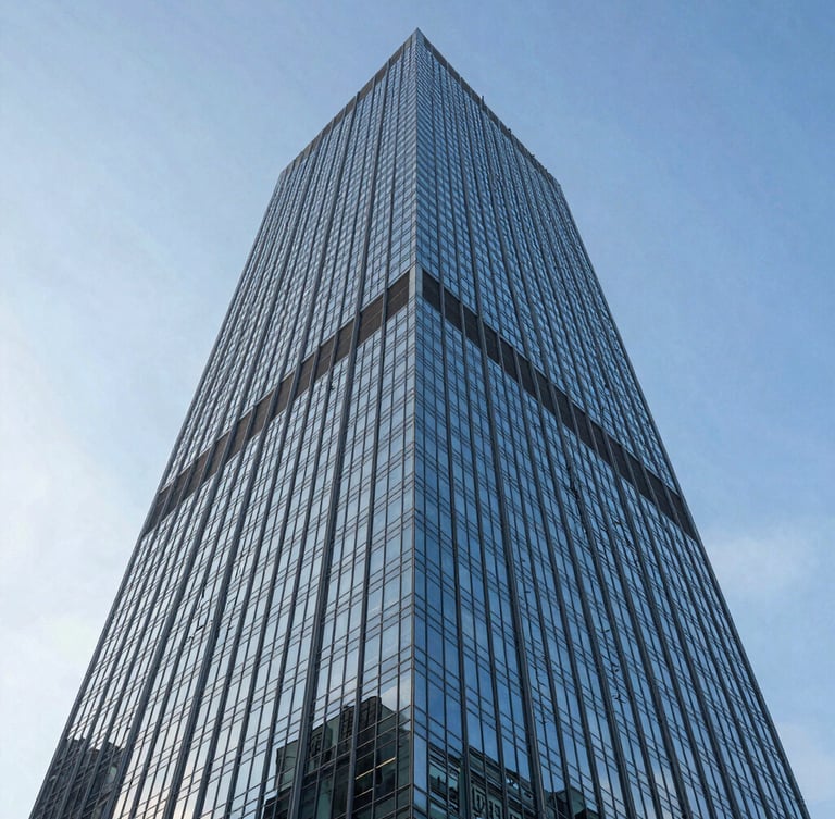 Architectural low-angle shot of a towering modern corporate skyscraper in Mexico City, clean blue glass facade reflecting the morning sky, sharp geometric lines.