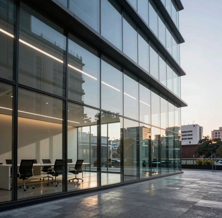 Wide-angle architectural perspective of a modern glass boardroom in Mexico City, sharp morning light, shallow depth of field