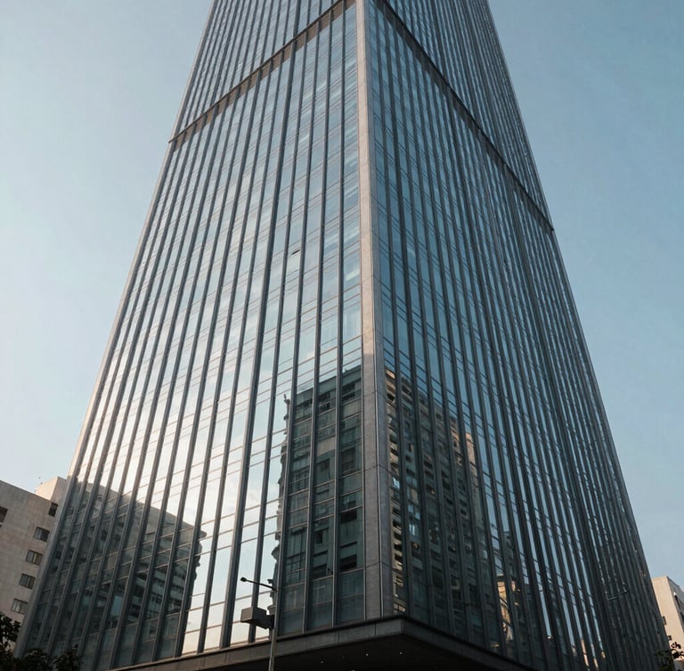 Wide-angle architectural perspective of a modern steel and glass skyscraper facade in Mexico City, crisp morning daylight, sharp reflections.