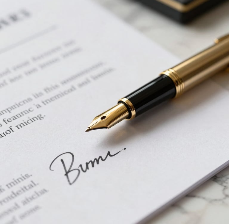 Extreme close-up of a signed corporate contract on a marble table with a gold pen, sharp morning daylight, shallow depth of field