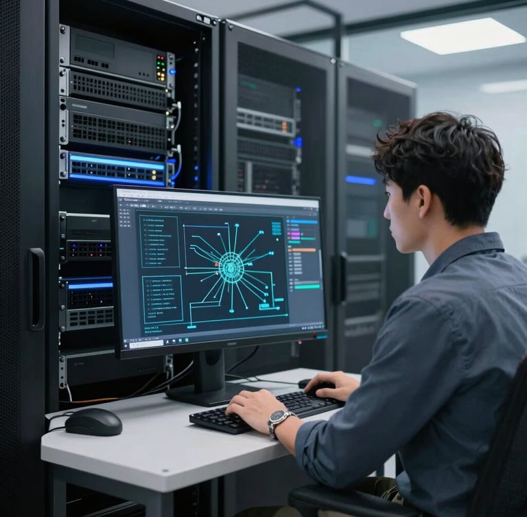 Professional IT engineer in profile working in a modern, well-lit server room, analyzing network topology on a clean monitor, cool daylight, sharp focus, 35mm.