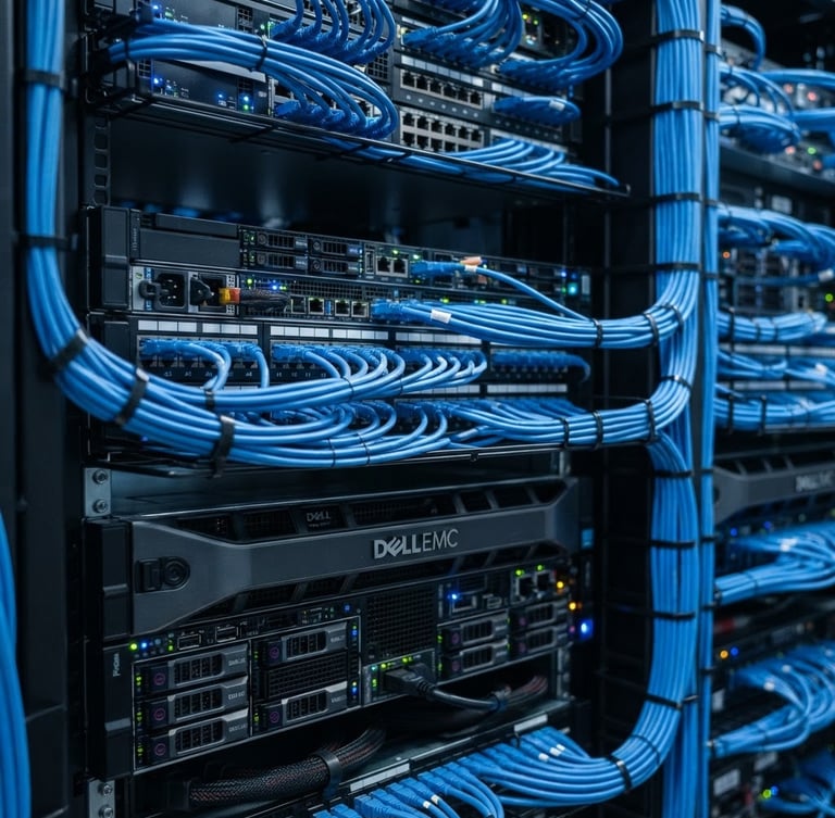 Macro close-up of clean, impeccably organized enterprise server racks with precise blue cabling, cool daylight mixed with soft blue LED indicator glows, sharp focus, 35mm.