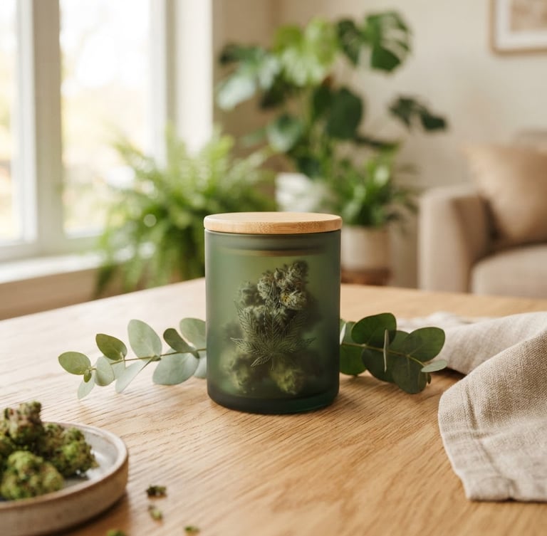 A medium close-up of premium, clean cannabis packaging resting on a light wooden table, bright natural daylight, soft shadows, professional and sophisticated botanical vibe