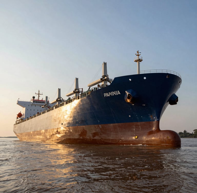 Low-angle dramatic shot of a massive Panamax bulk carrier hull navigating the muddy waters of the Amazon River at dawn, high contrast golden light, industrial scale.