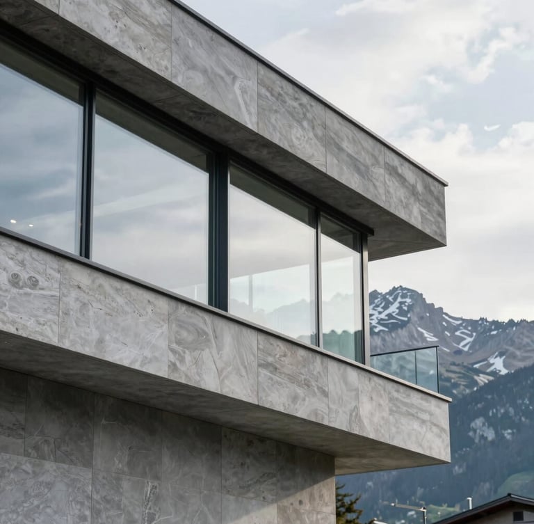 Close-up of clean modern Swiss architecture, brushed grey stone and sharp glass lines under soft diffused mountain daylight