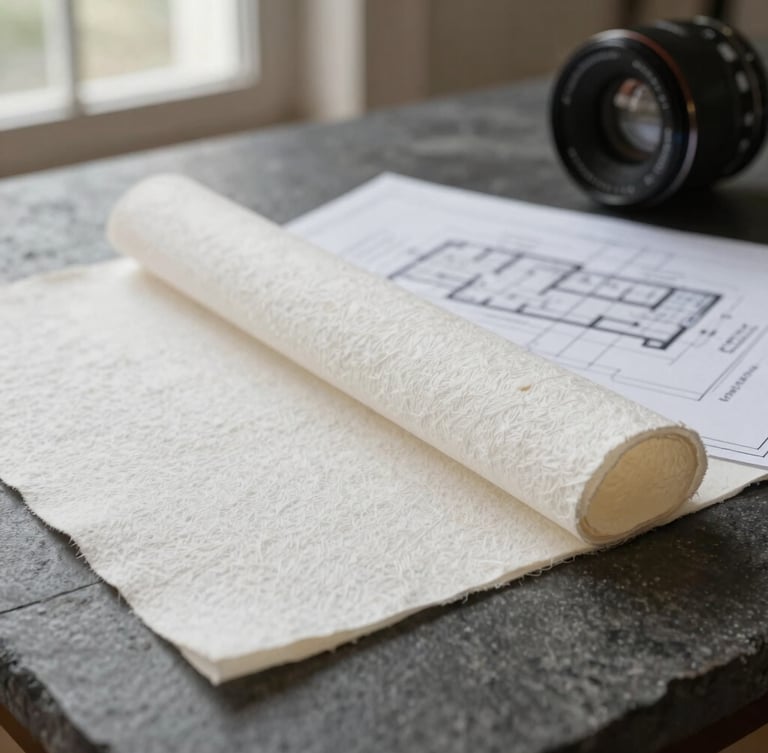 Close-up of heavy textured cotton paper and architectural plans on a solid dark stone table, elegant soft window light.