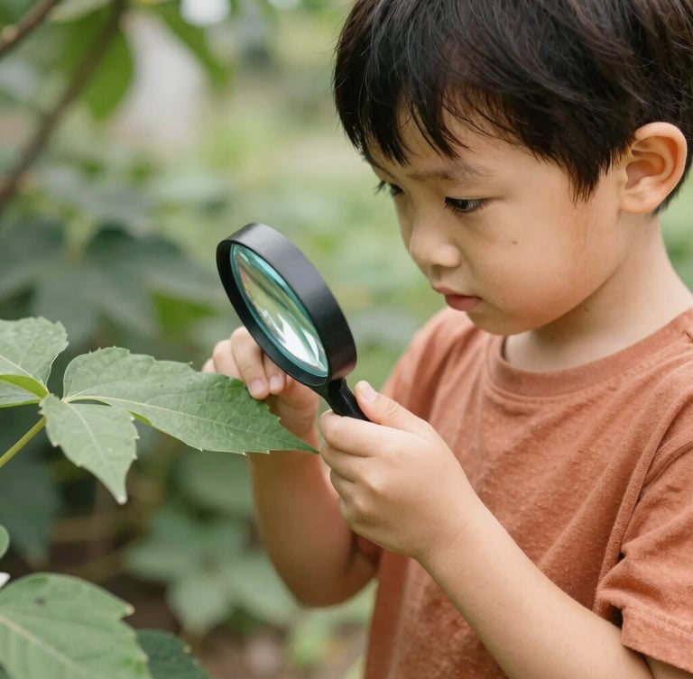Eye-level candid shot of a young child in a sunlit garden examining a green leaf with a magnifying glass, soft terracotta tones, shallow depth of field, 35mm lens