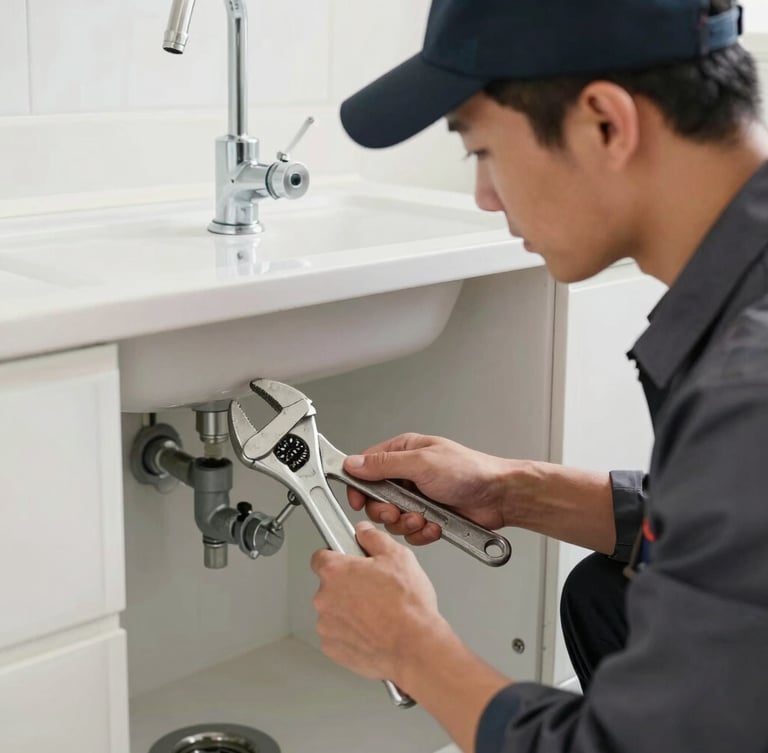 A certified plumber in a clean dark uniform working with a pipe wrench under a residential sink, natural daylight, sharp focus, 35mm lens