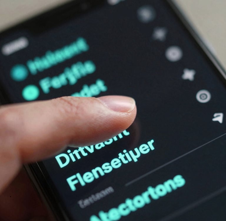 Extreme close-up of a thumb swiping across a dark bezel-less phone screen, displaying a fluid text-based menu with electric-teal indicators, soft ambient screen glow on skin, high-fidelity macro shot.
