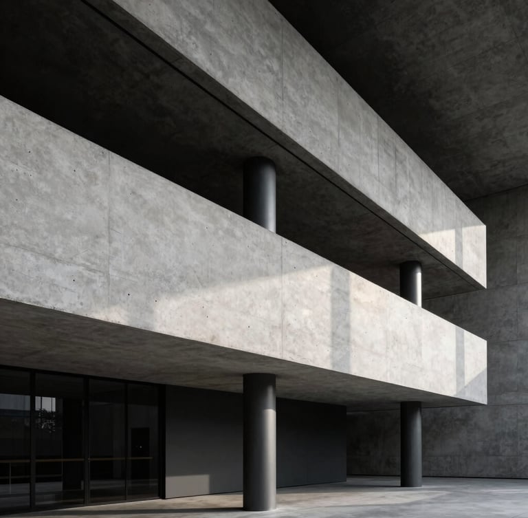 An abstract architectural angle of a modern concrete and steel boardroom, low-key directional side-lighting with deep shadows, high-contrast editorial crop.