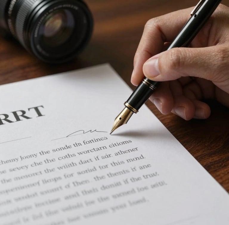 Close-up of a fountain pen signing a heavy cotton paper contract on a dark walnut desk, cinematic side-lighting, deep shadows
