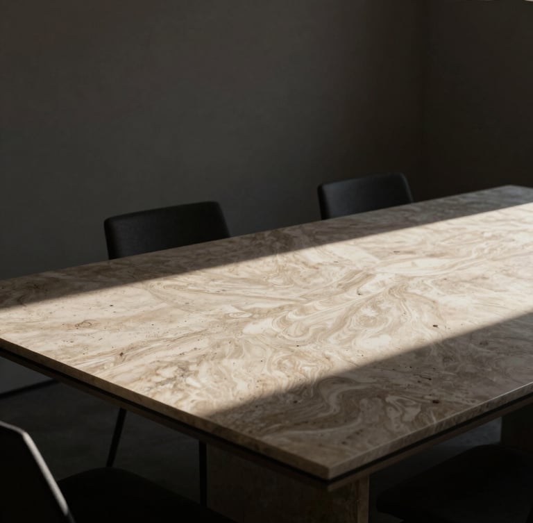 Abstract architectural angle of a modern minimalist boardroom, low-key directional side-lighting, deep shadows, premium stone table surface