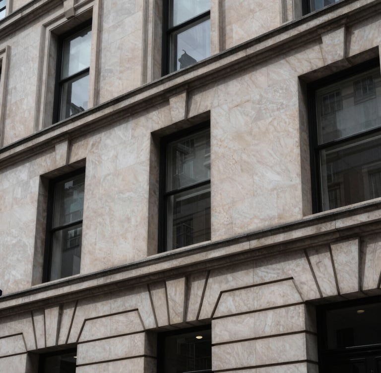 Low-angle architectural close-up of a Portland stone facade in Mayfair, high-contrast overcast daylight, deep shadows, corporate editorial style.